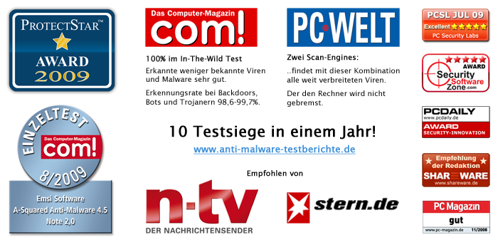 10 Testsiege für Emsisoft Anti-Malware in einem Jahr!