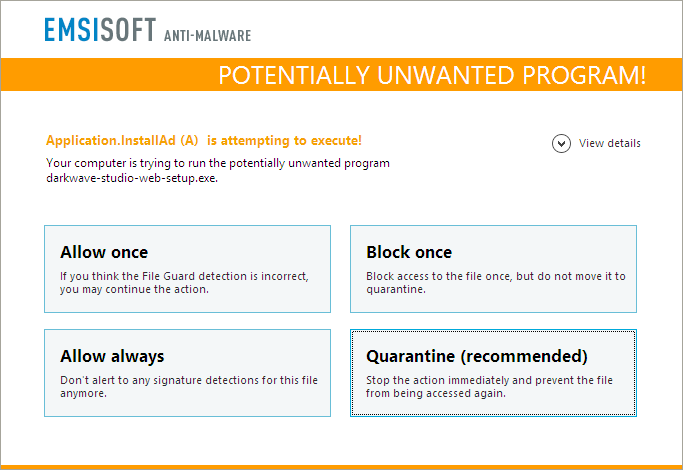 Allow once. Emsisoft Anti-Malware. Potentially unwanted program.