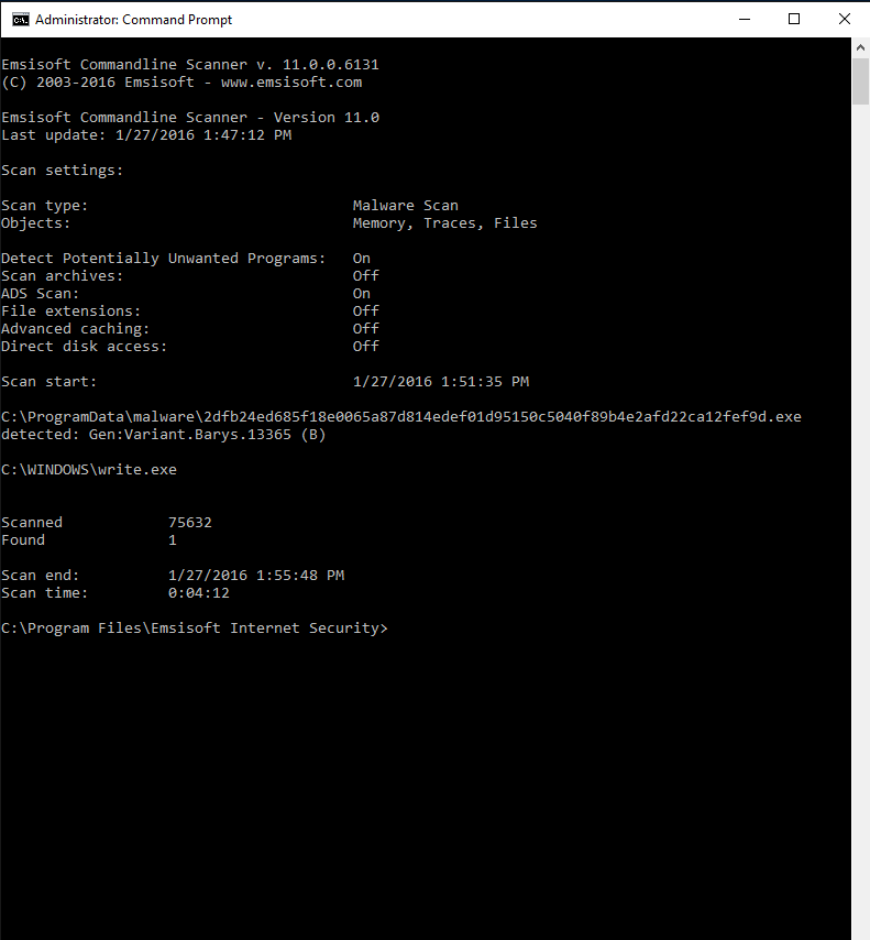 Windows 10 Emsisoft Commandline Scanner full